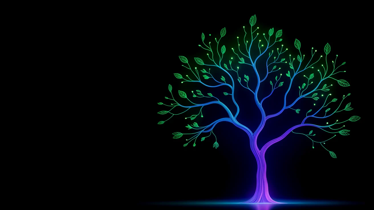 A tree drawn as a circuit: purple roots rising through blue and cyan into green branching leaves.