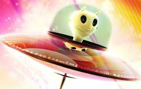 Alien 3D cartoon in a flying saucer